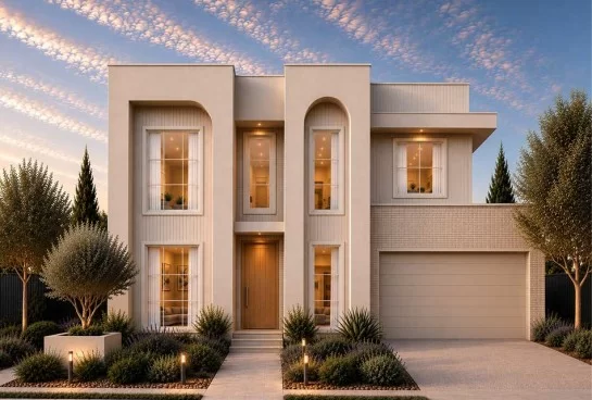 Amalfi façade for Brolen Homes’ Avalon and Grange double-storey home designs, featuring curved architectural details and a modern neutral exterior.