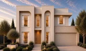 Amalfi façade for Brolen Homes’ Avalon and Grange double-storey home designs, featuring curved architectural details and a modern neutral exterior.