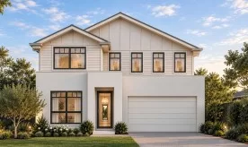 Brolen Homes Farmhouse double-storey façade with contrasting cladding, gabled rooflines and dark-framed windows
