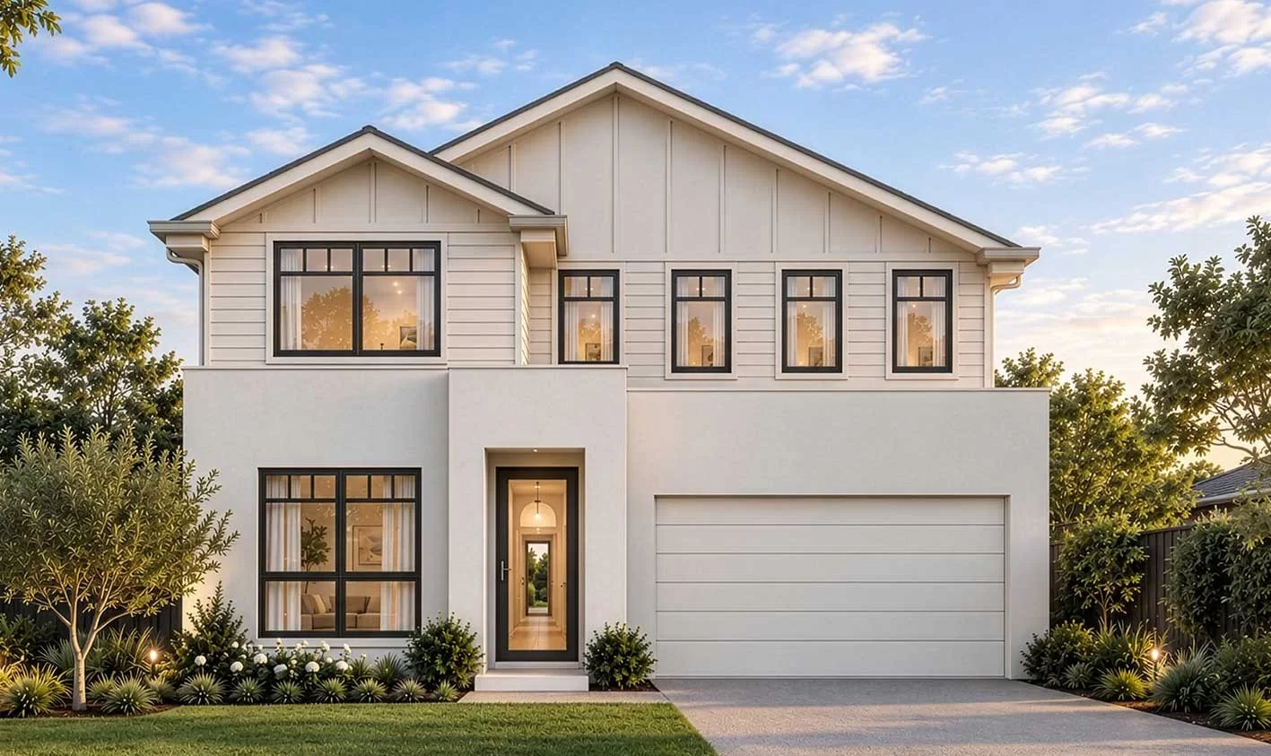 Brolen Homes Farmhouse double-storey façade with contrasting cladding, gabled rooflines and dark-framed windows