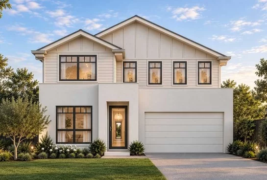 Brolen Homes Farmhouse double-storey façade with contrasting cladding, gabled rooflines and dark-framed windows.